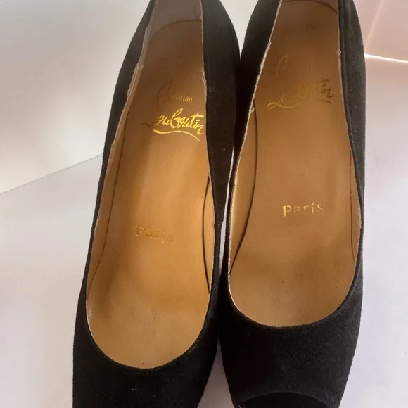 Christian Louboutin EU 36 Black Suede Peep-Toe Heels Like New with5” heel
